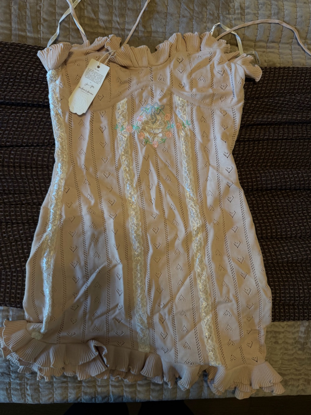For Love & Lemons Beige Mini Dress with Pastel Floral Embroidery